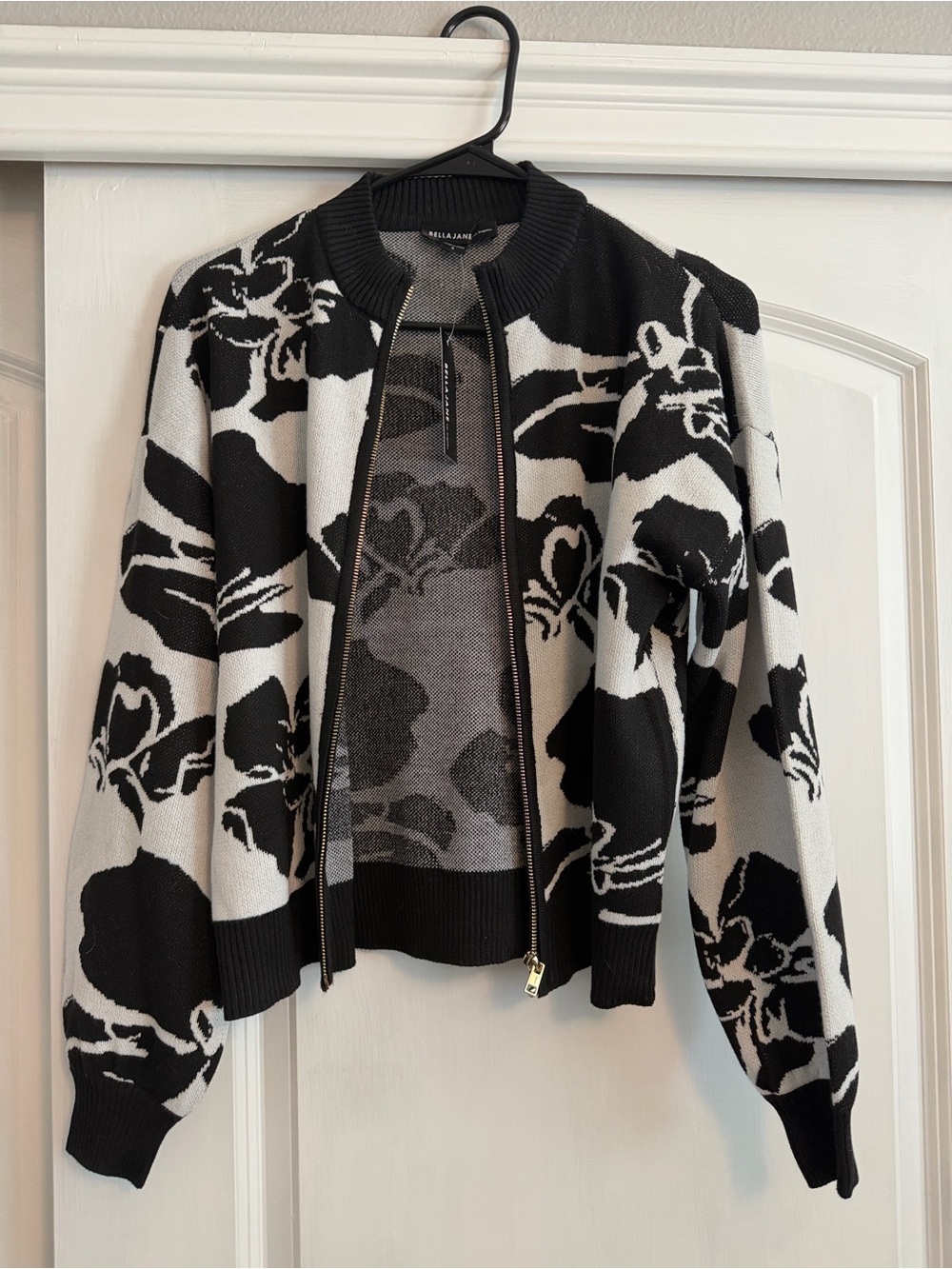 Black & White Floral Zip Cardigan Sweater